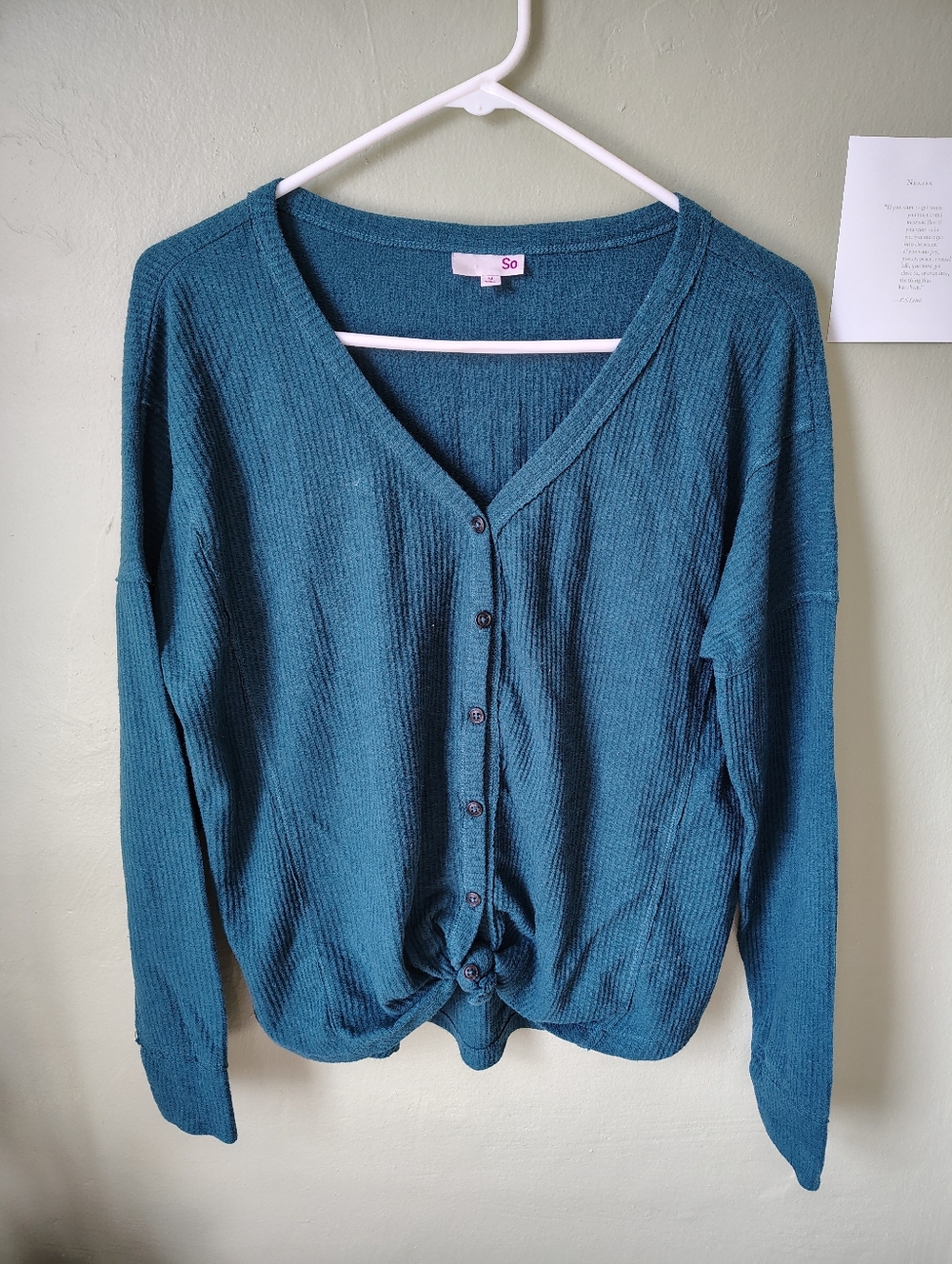 ☀️5/$25☀️ SO Junior's Medium Teal Long Sleeve Ribbed Shirt With Buttons & Tie